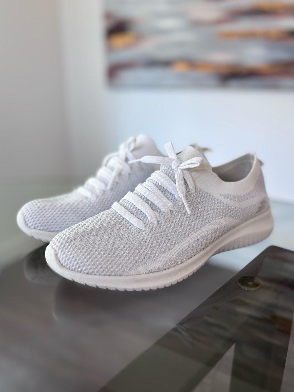 SKECHERS Ultra Flex First Take Slip On Sneakers White Silver Shimmer Size 8
